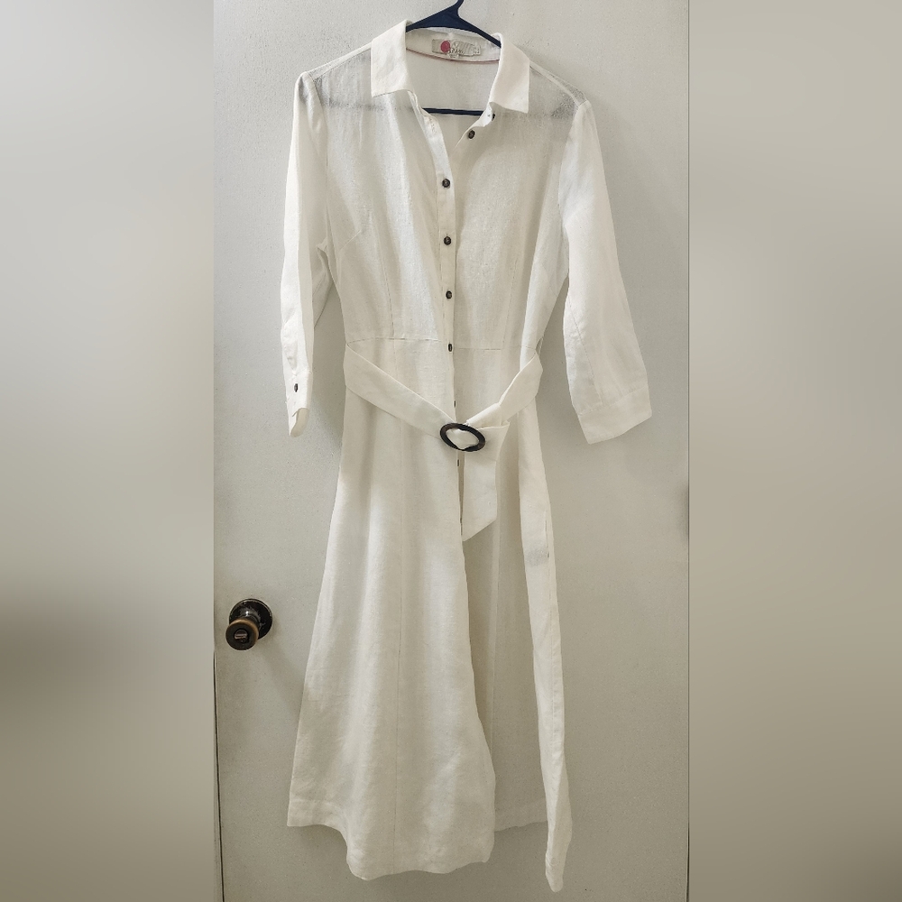 Boden White Linen Midi Shirt Dress with Belt